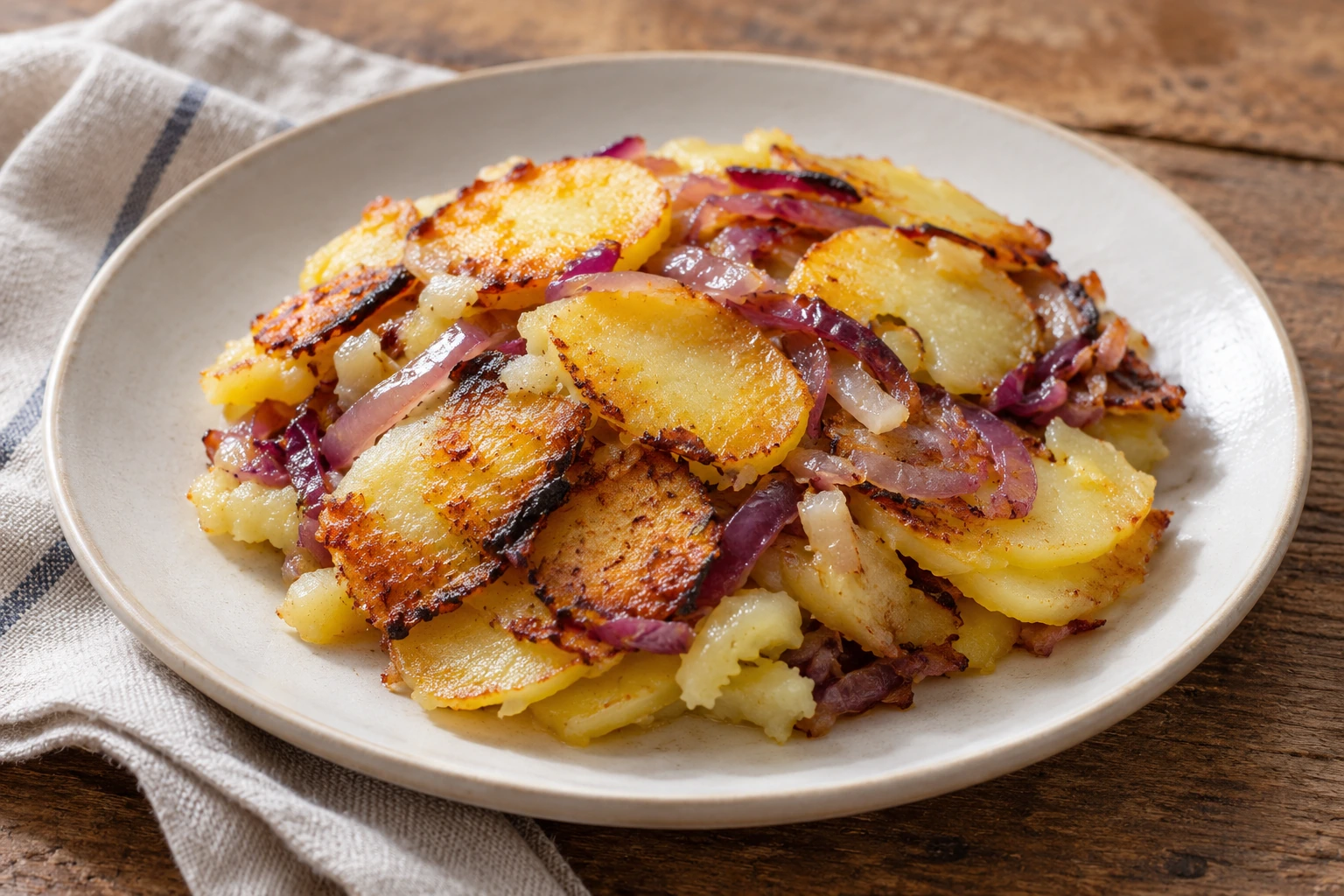 Overlapping golden potato slices with red onion on a plate.