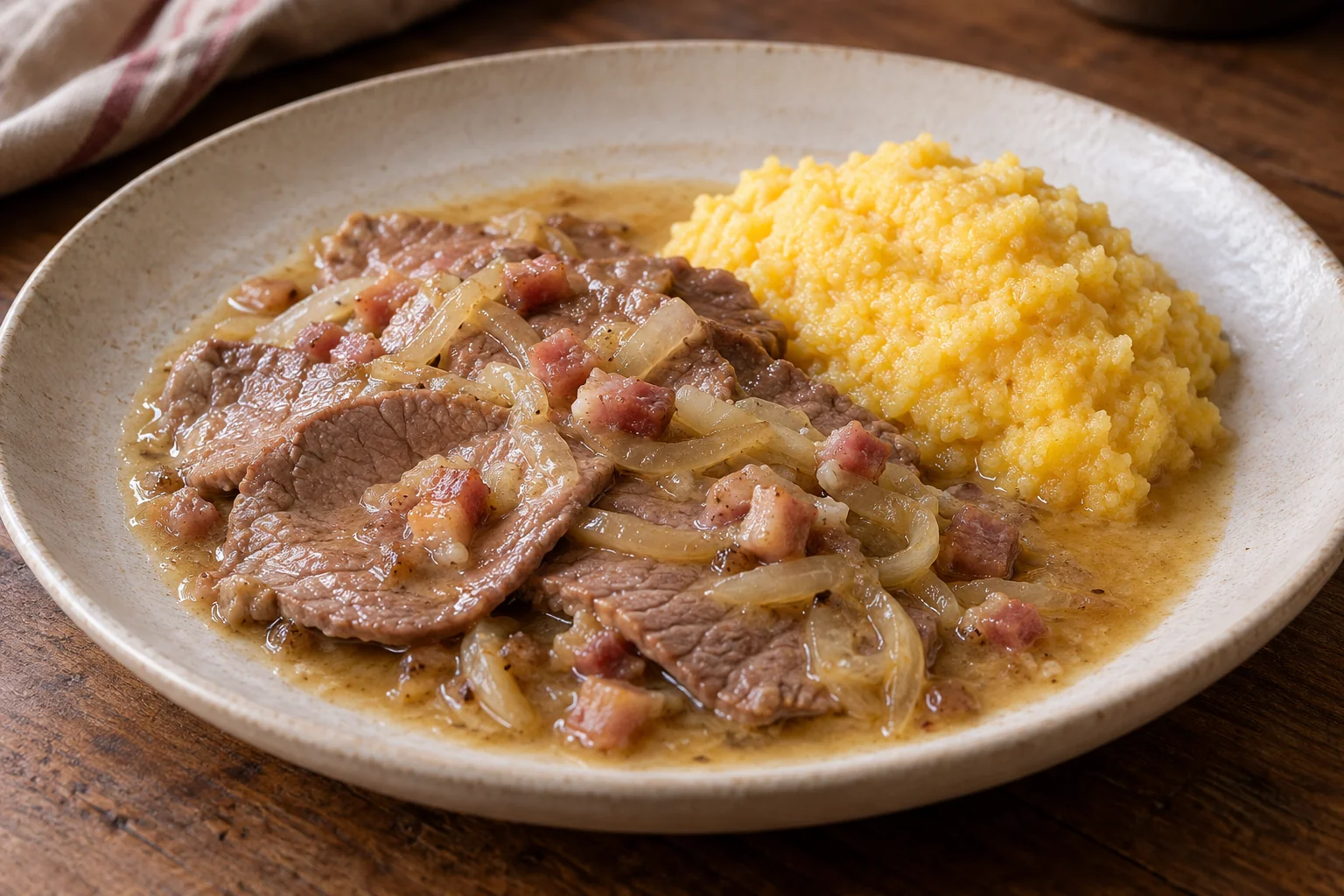 Thin slices of carbonada with onions and pancetta beside polenta.