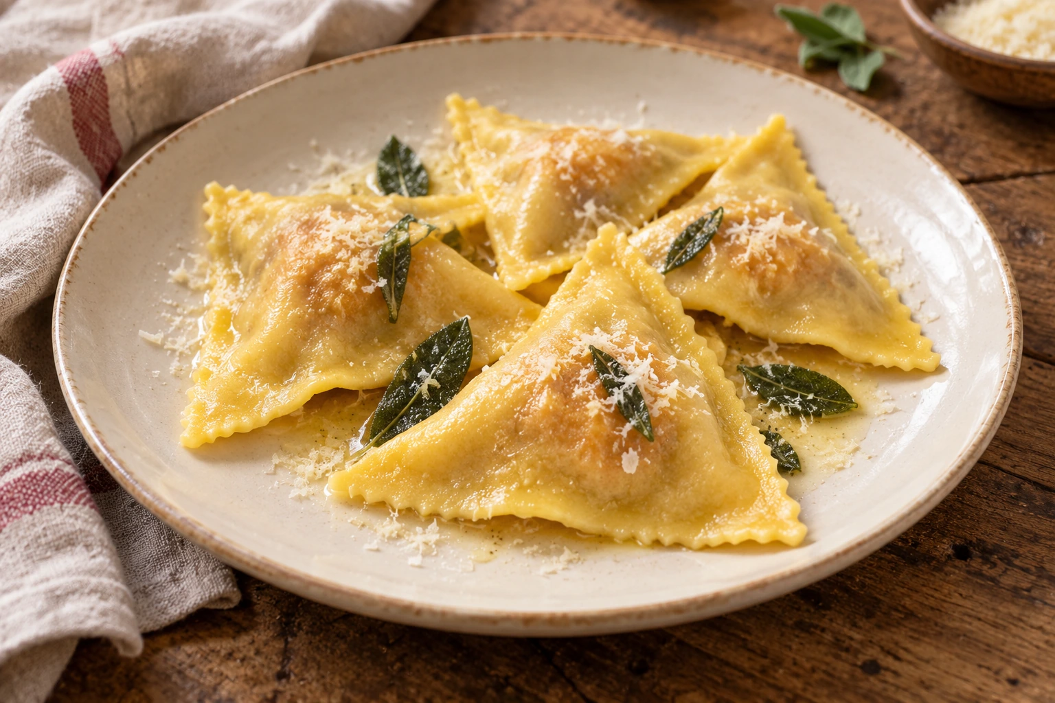 Triangular pumpkin tortelli with butter, sage and grated cheese.