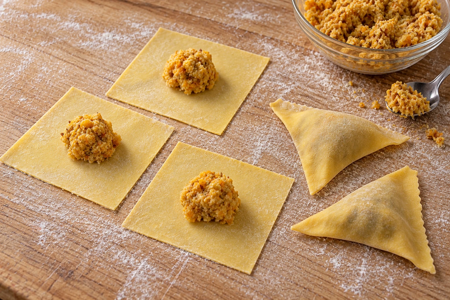 Squares of egg pasta with pumpkin filling beside sealed triangular tortelli.