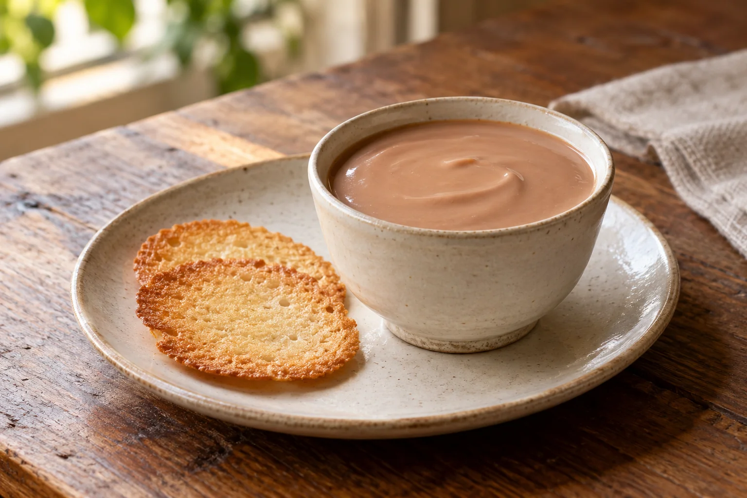 Light chocolate crema di Cogne in a ceramic cup with thin tegole biscuits.