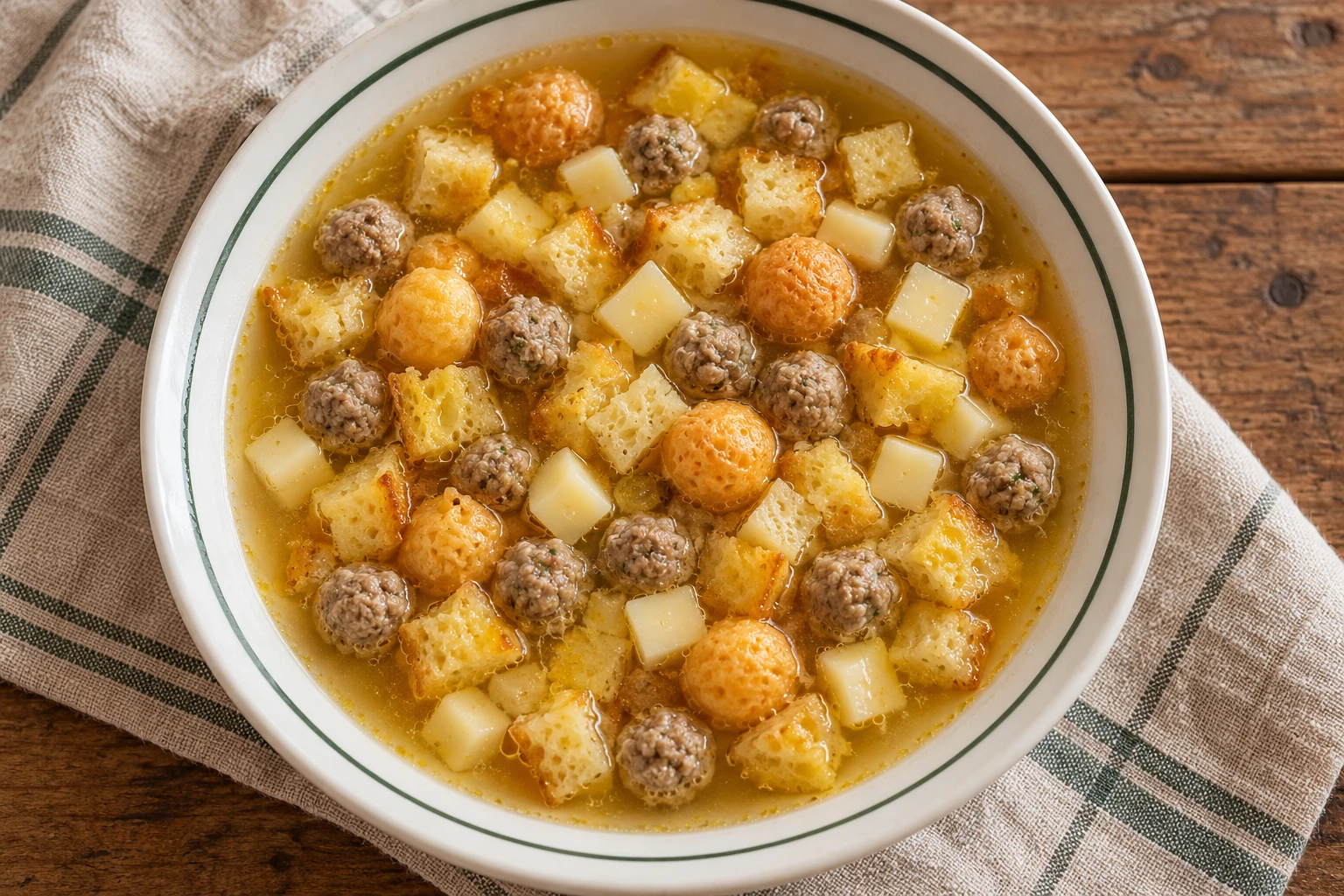 Clear broth with small meatballs, fried cheese, bread cubes and cheese dice.