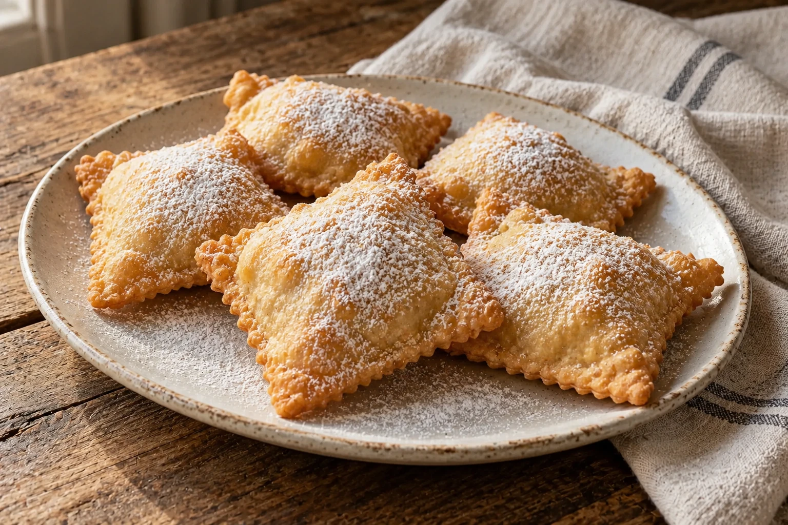 Golden fried calzoncelli with sealed fluted edges and a light dusting of powdered sugar.