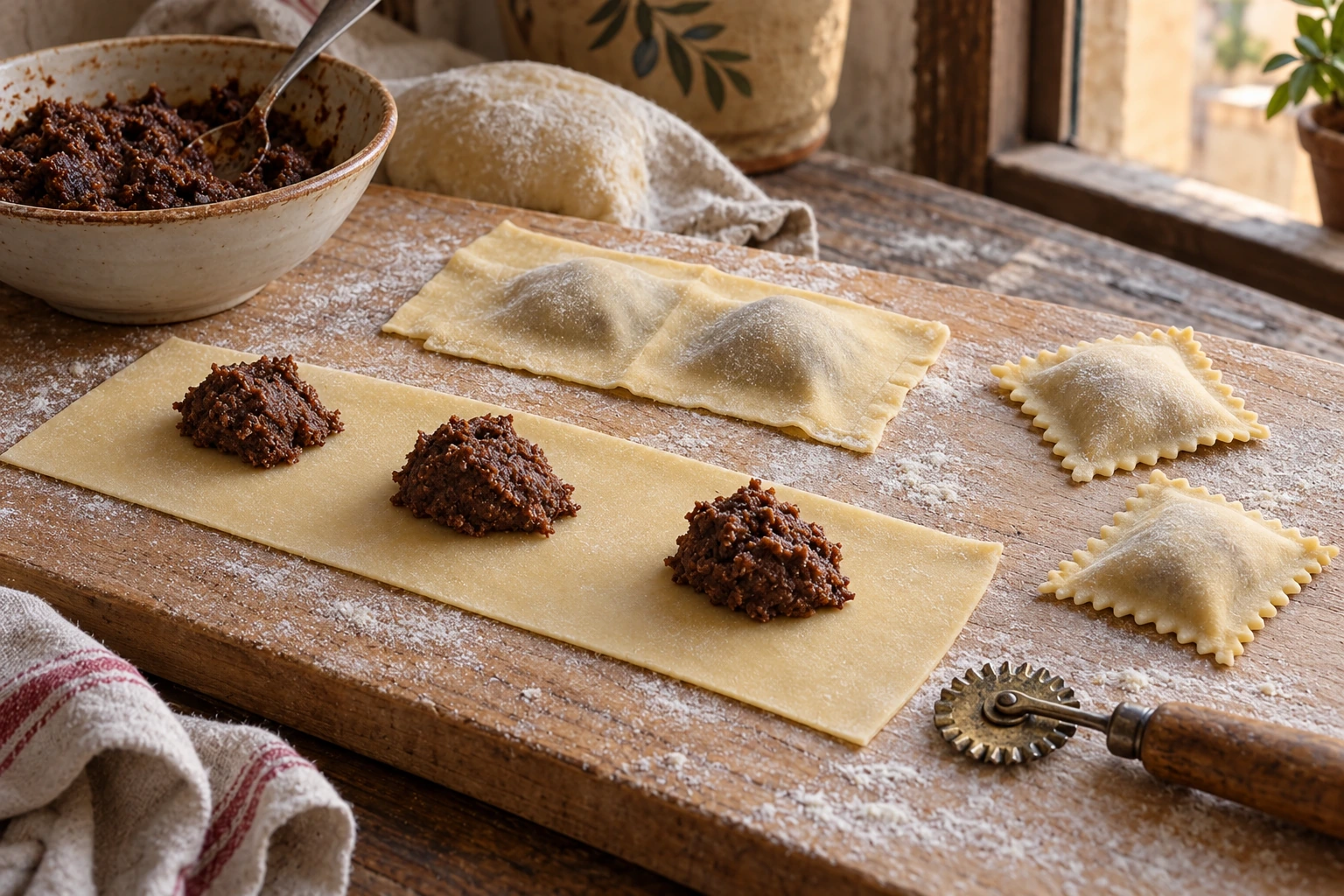 Raw chestnut-filled calzoncelli at three forming stages on a lightly floured board.