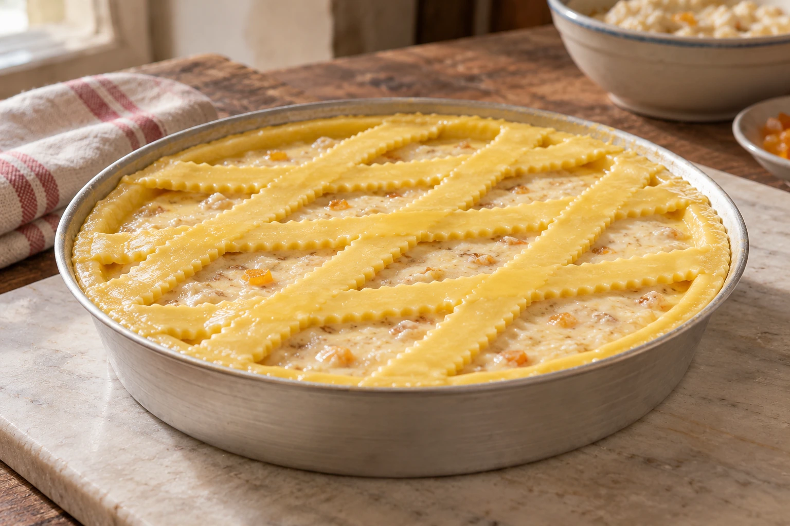 Raw pastry strips over the pastiera filling in a metal pan.