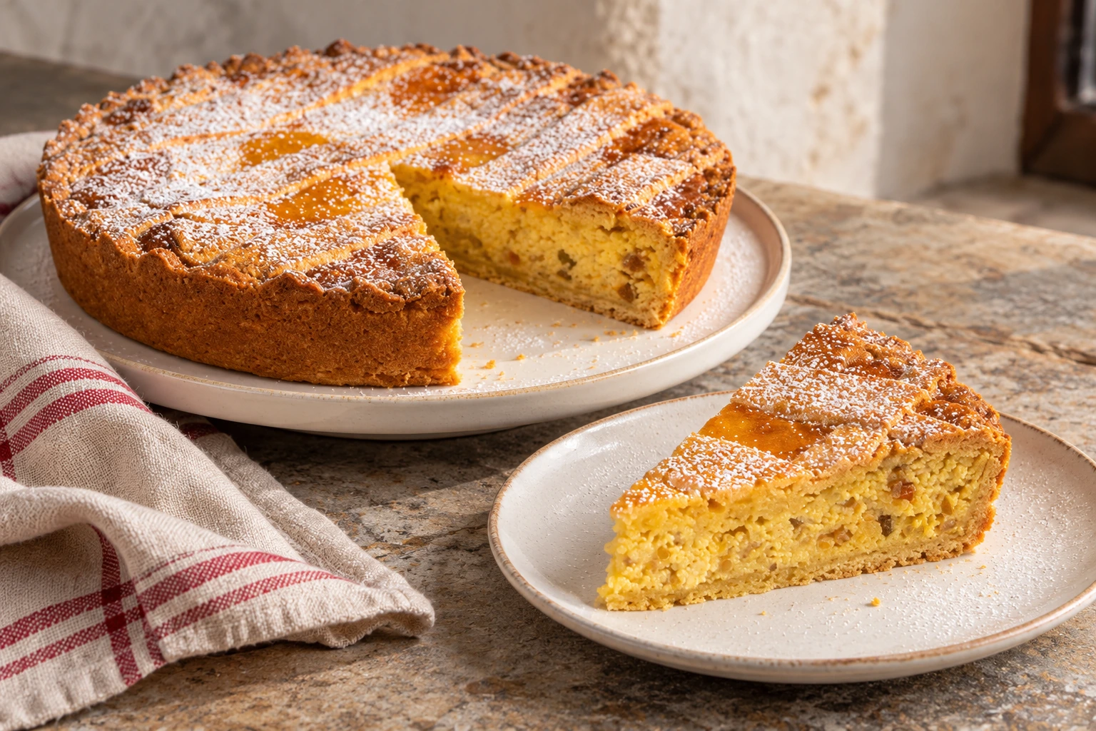 Pastiera with a lattice top and a cut slice.