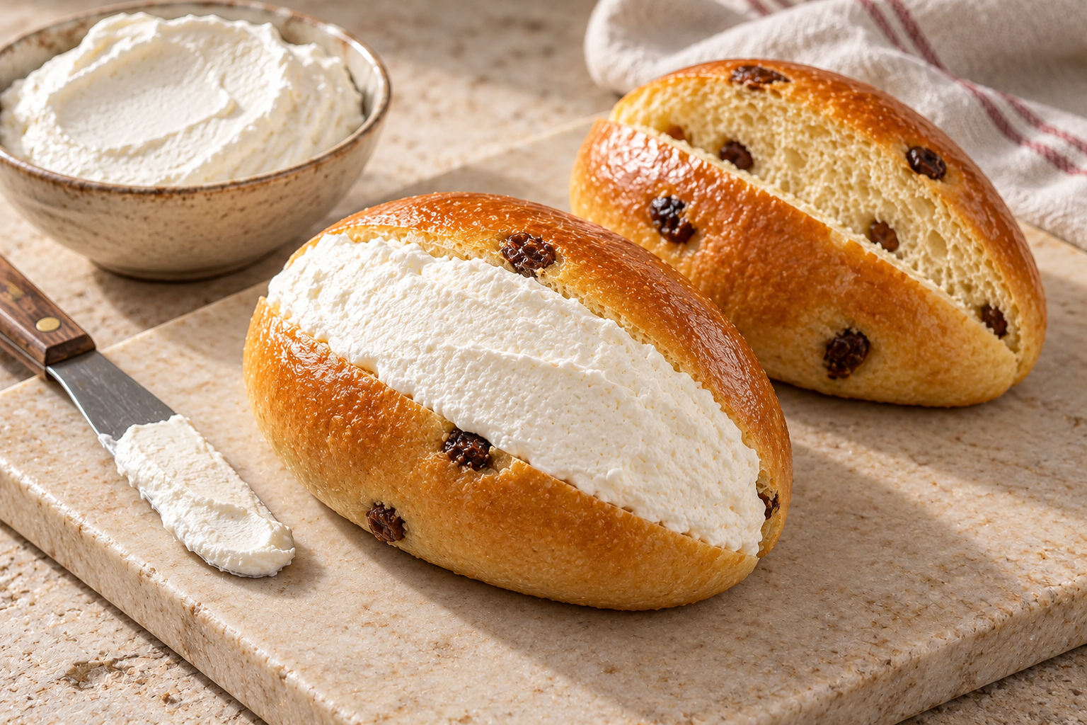 A split raisin bun filled with whipped cream beside an empty opened bun, a bowl of cream and a resting spatula.