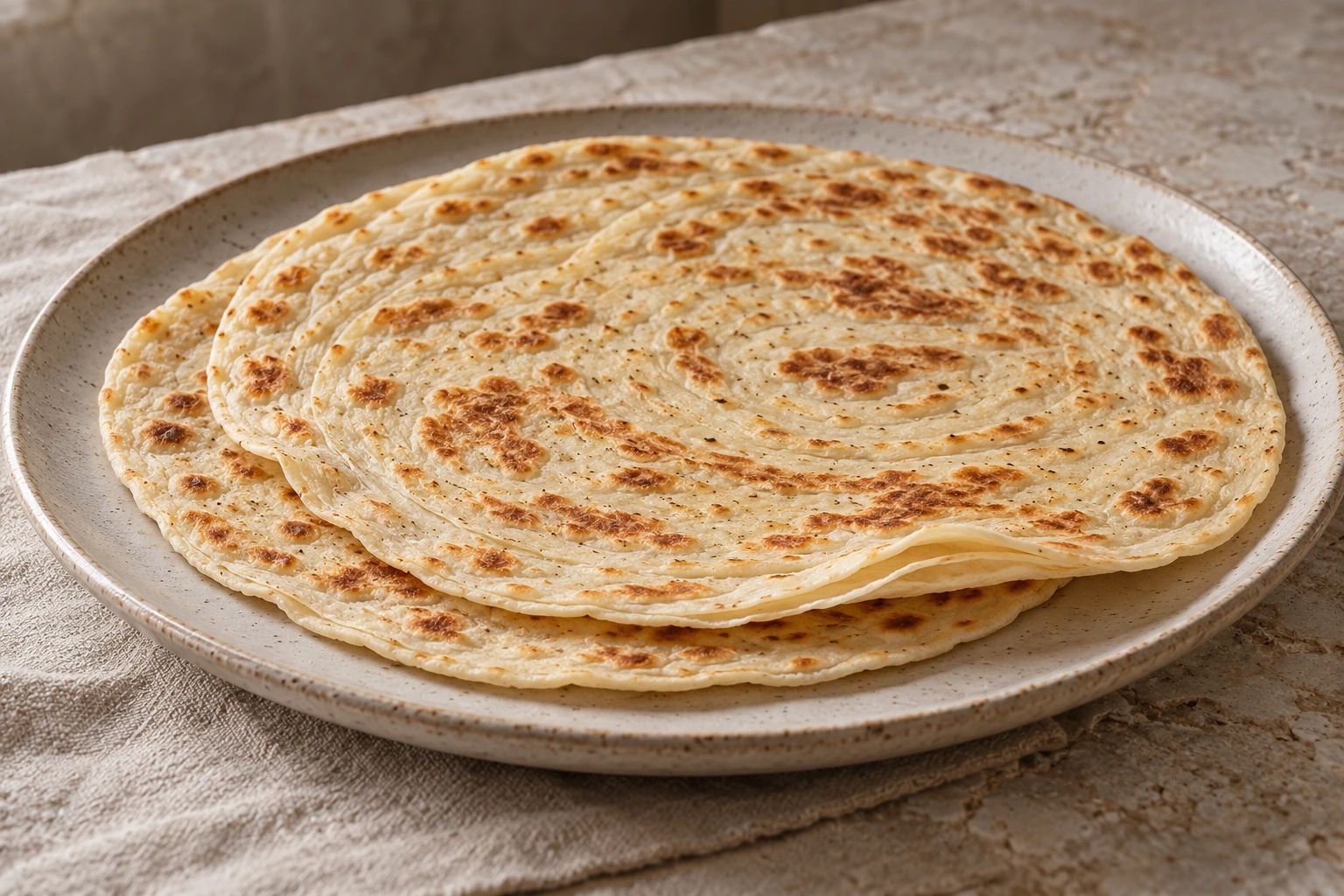 Thin plain crescia flatbreads with golden griddle patches and delicate layers.