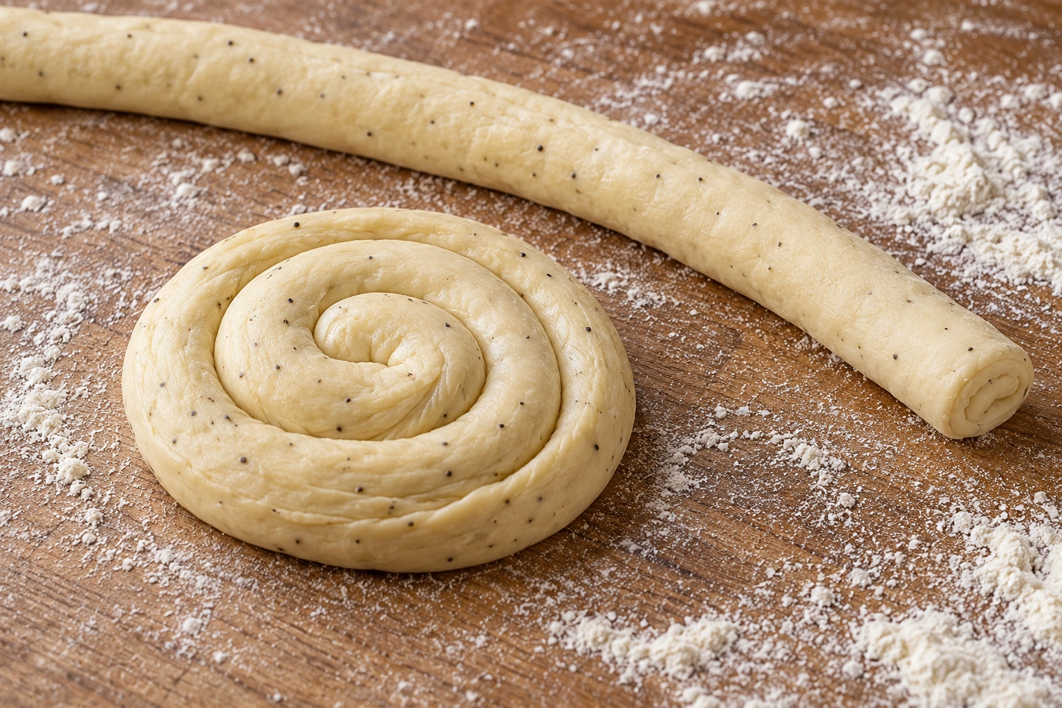 A raw peppered crescia dough spiral beside a rolled dough rope.