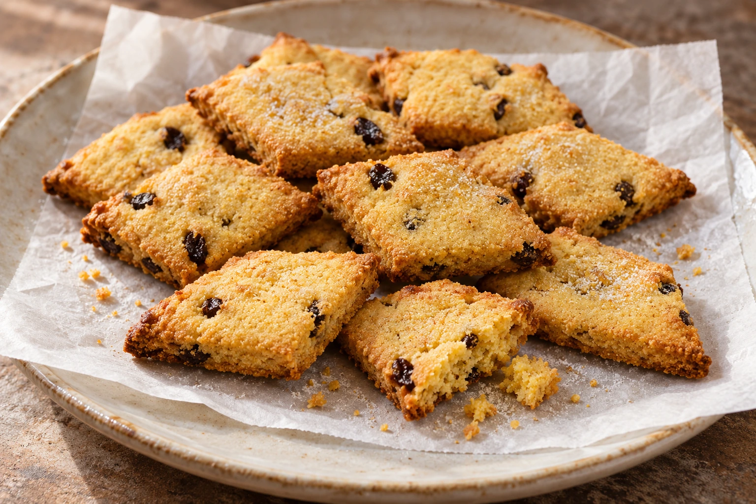 Diamond-shaped cornmeal biscuits with raisins and a light sugar dusting.