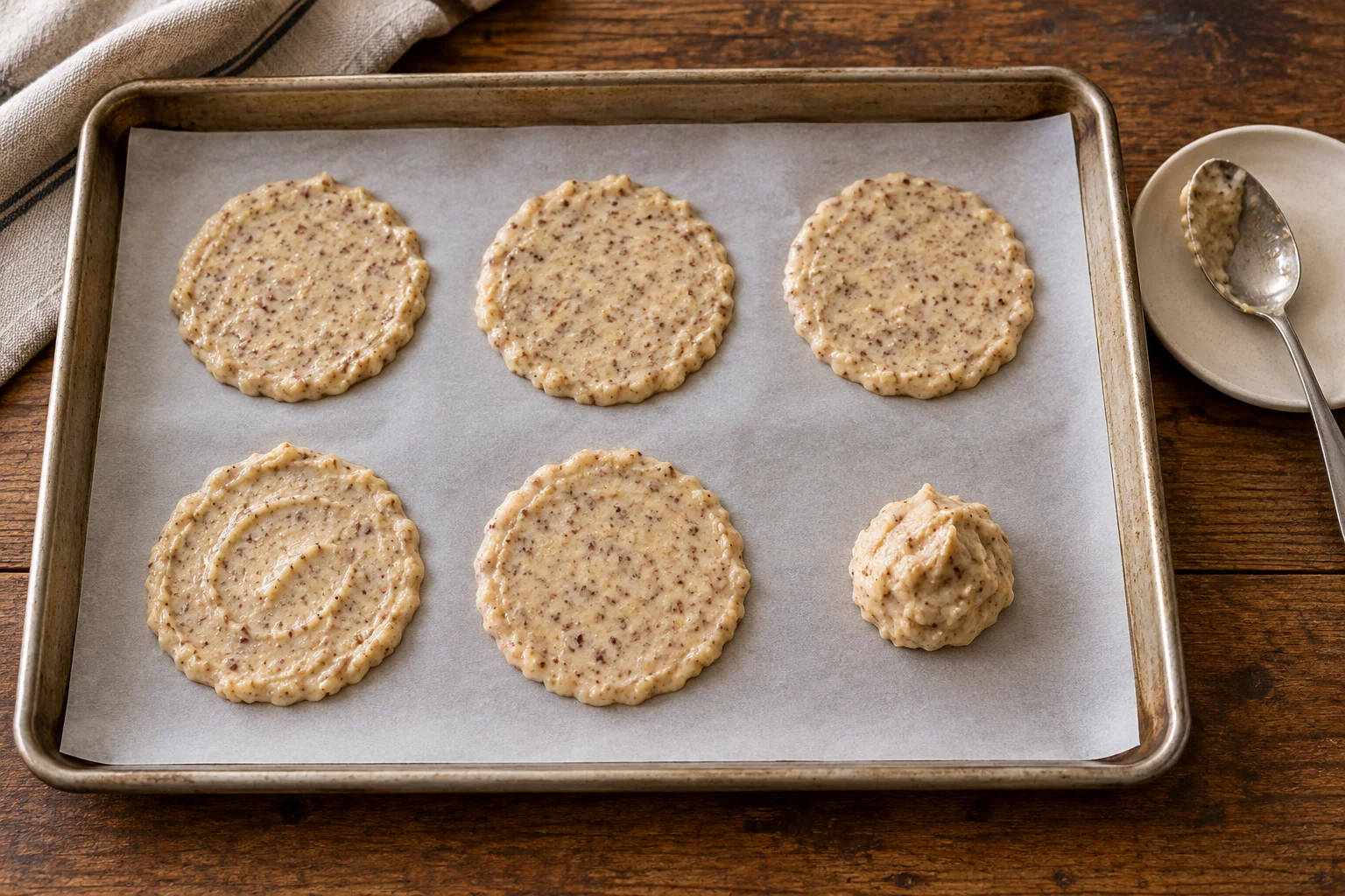 Thin rounds of nut batter spaced on a lined baking sheet