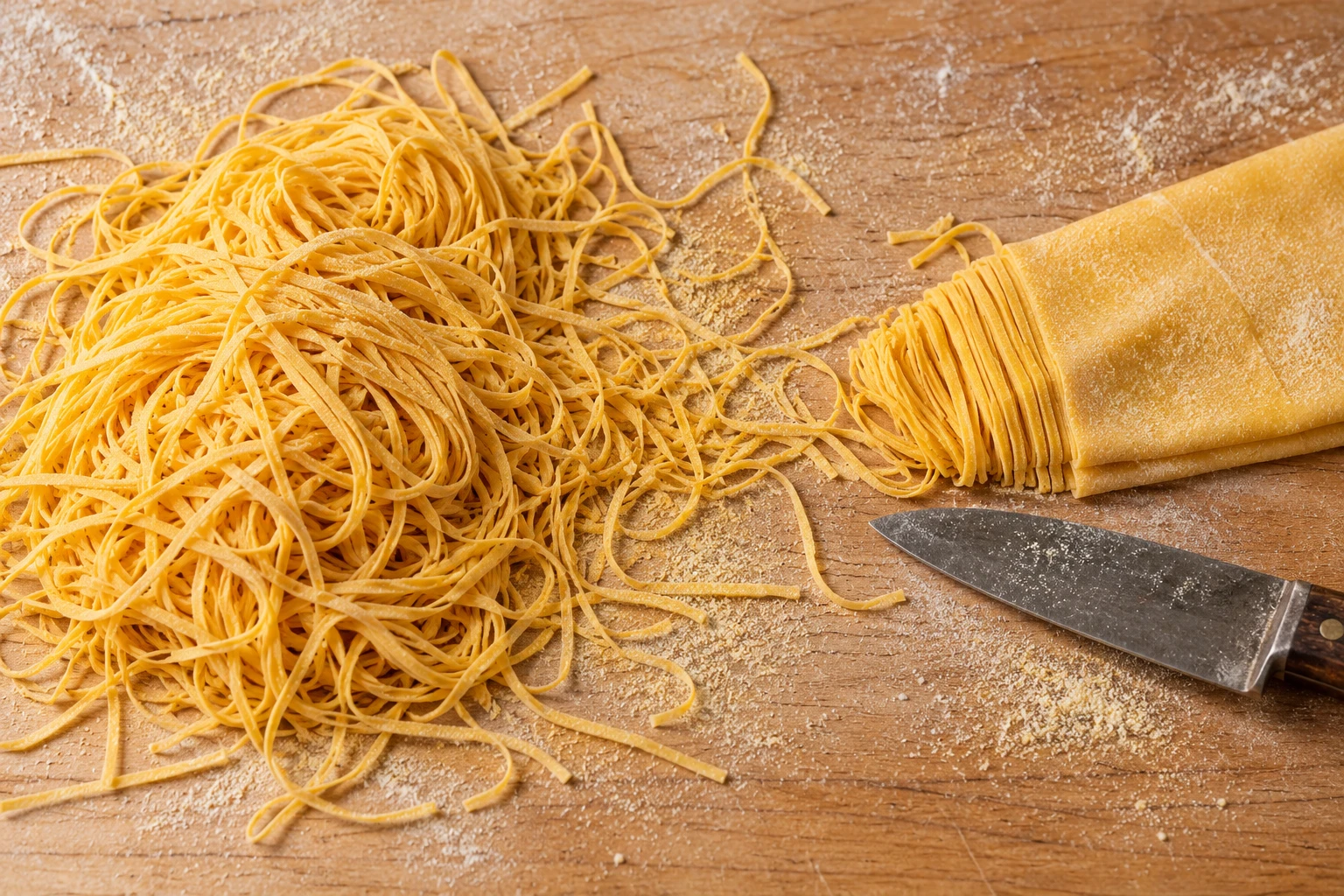 Fine flat egg-pasta ribbons beside a partially cut folded sheet and a resting knife.
