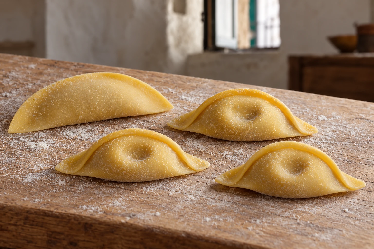 Sealed raw casoncelli with folded rims and shallow central indentations on a pasta board.