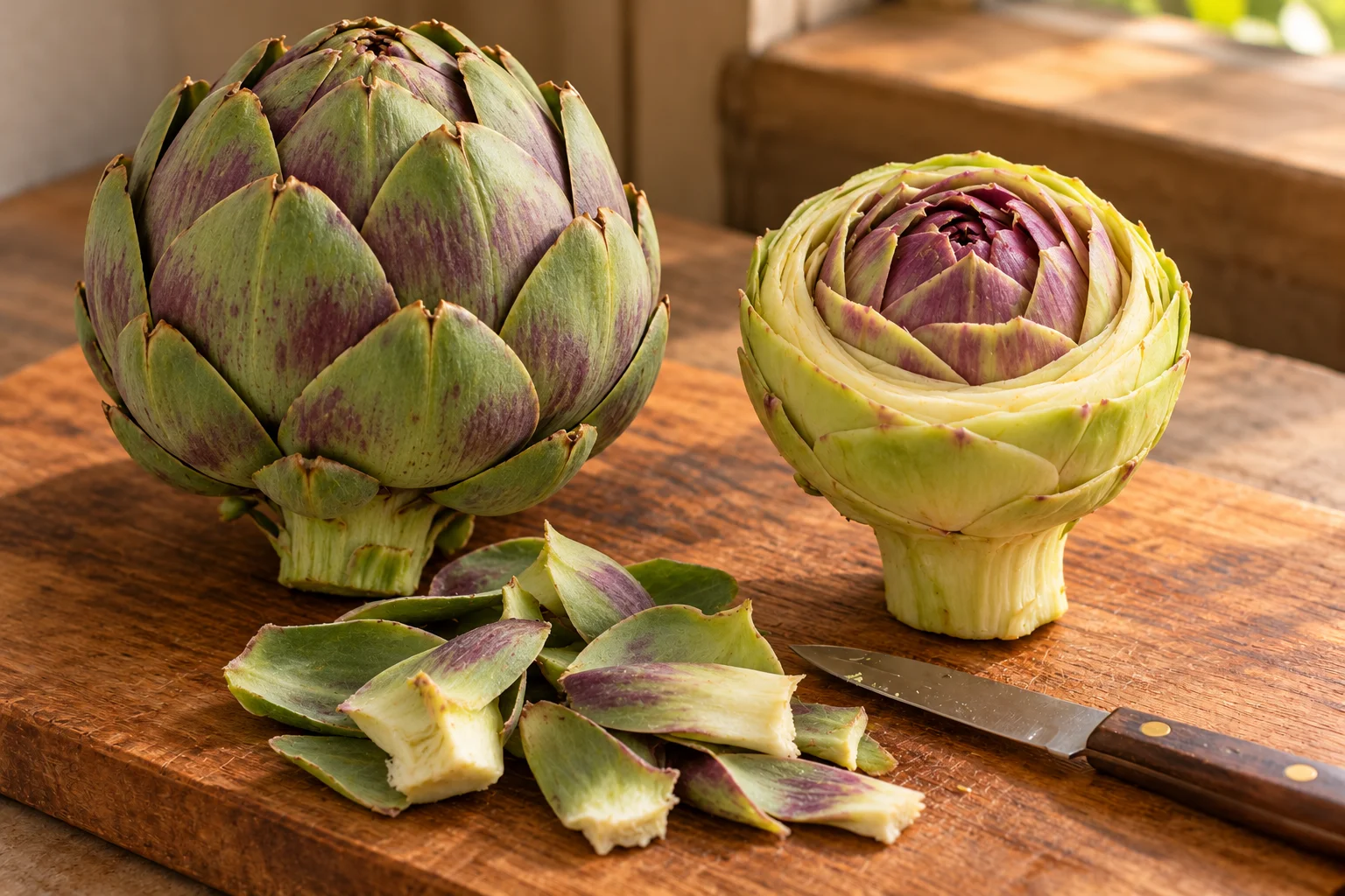 A raw Romanesco artichoke trimmed into a rounded rose beside discarded outer leaves