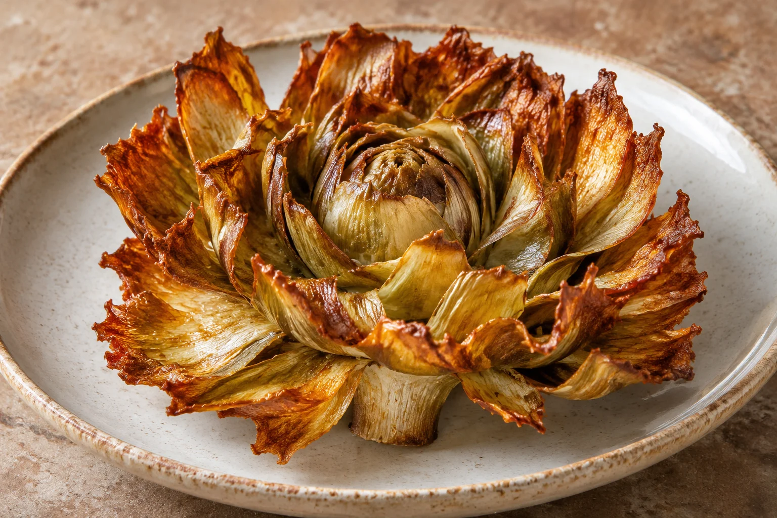 A whole carciofo alla giudia with golden leaves opened like a flower