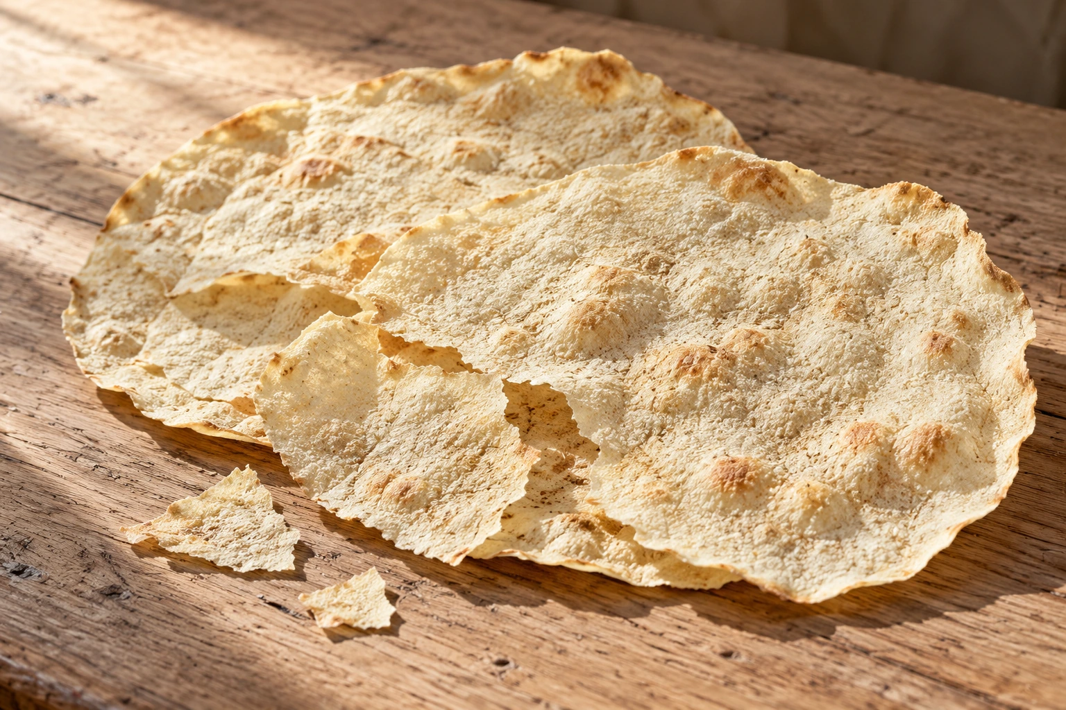Thin toasted sheets of pane carasau with irregular blisters and broken edges.