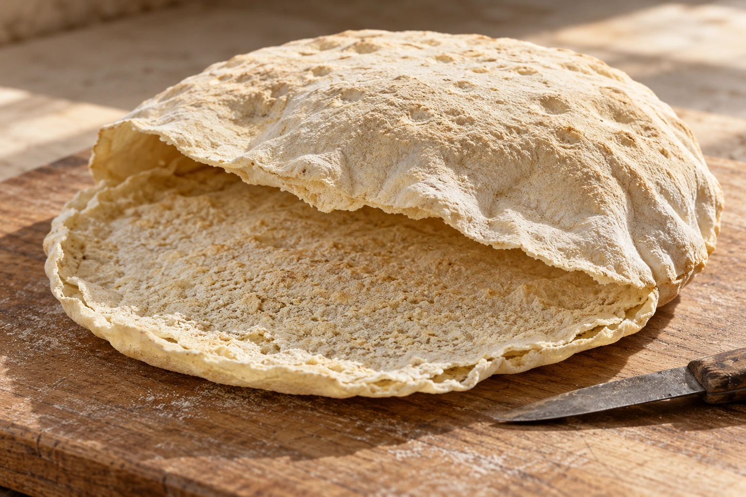 A partially opened carasau round showing the thin upper and lower sheets.