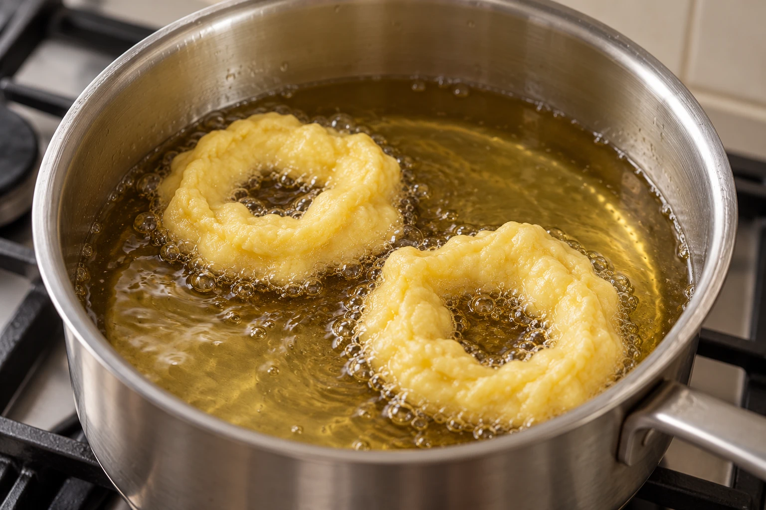 Two pale irregular dough rings frying in a deep steel pan.