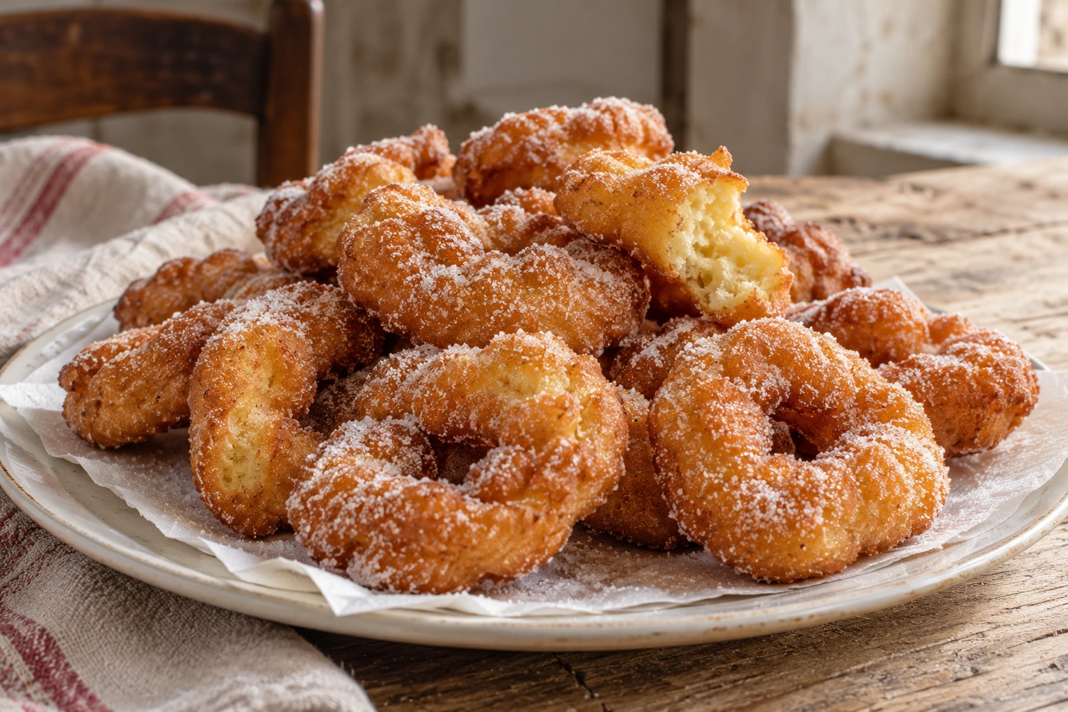 Golden fried dough rings with a light coating of sugar.