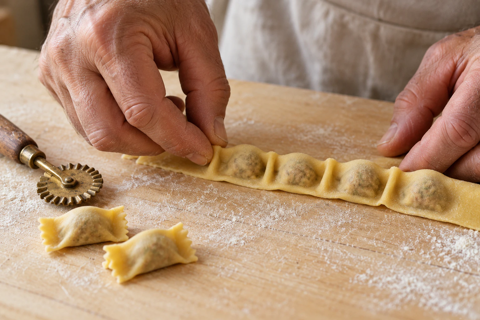 Fingers pinching the pasta strip between small filling mounds.
