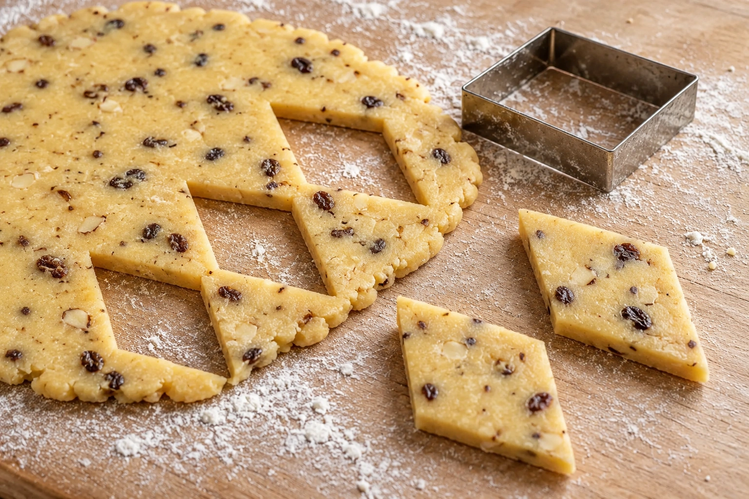 Raw raisin and almond dough with diamond-shaped cutouts and cut pieces on a floured board.