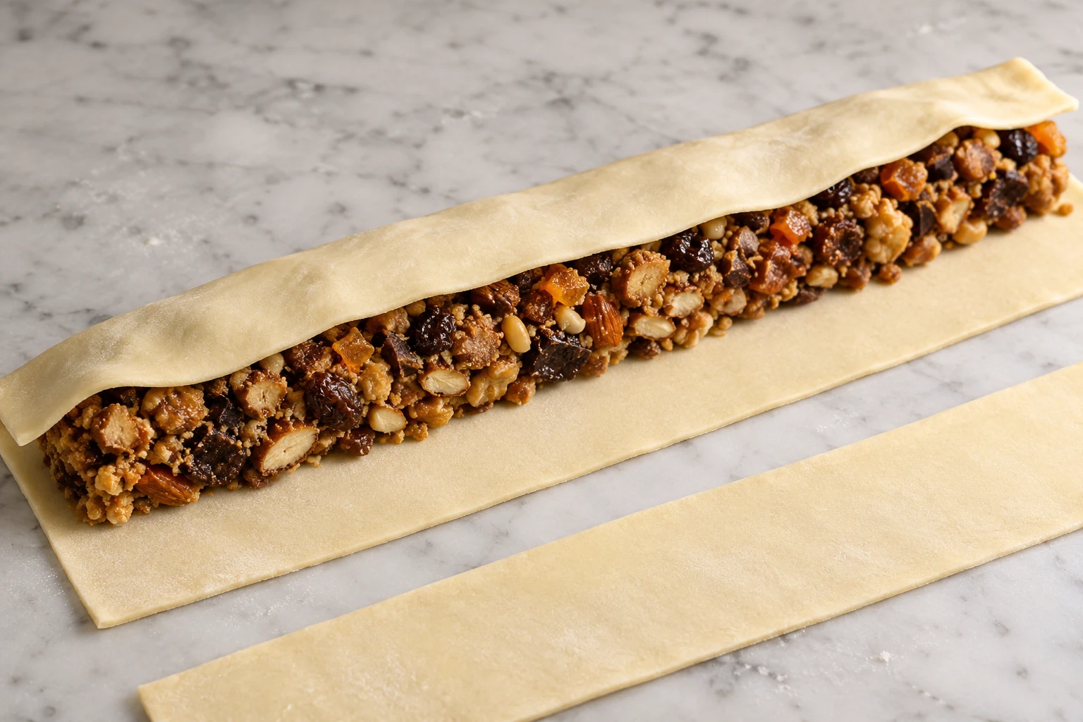 A nut and fruit filling log partly covered by raw pastry, beside a reserved pastry strip.