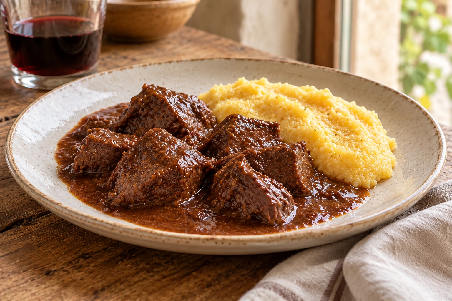Civet with a smooth wine sauce served beside polenta.