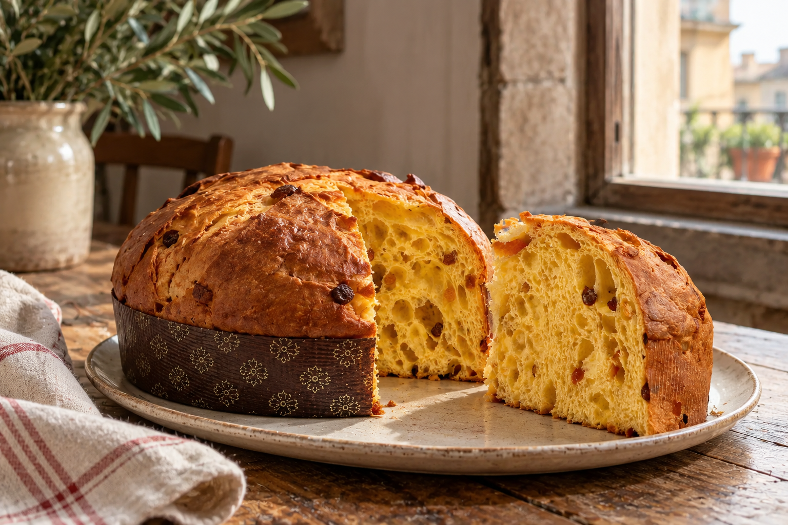 Low Milanese panettone with a cut wedge showing raisins and candied citrus.