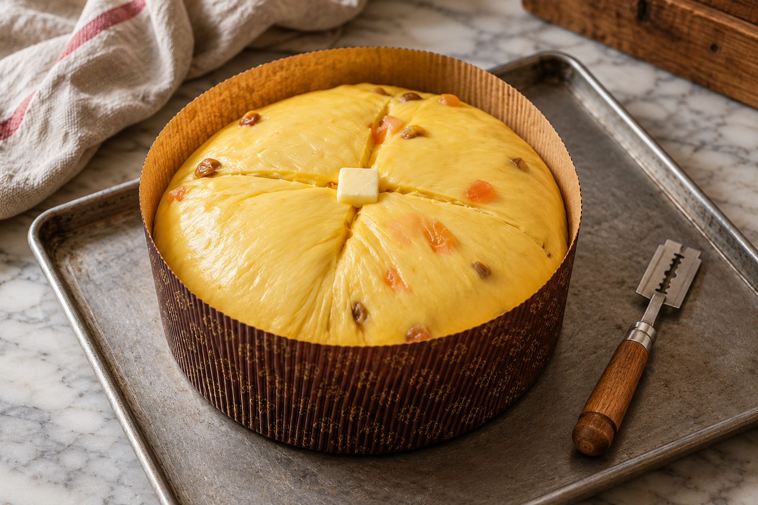Impasto crudo del panettone inciso a croce con una piccola noce di burro nel pirottino basso.