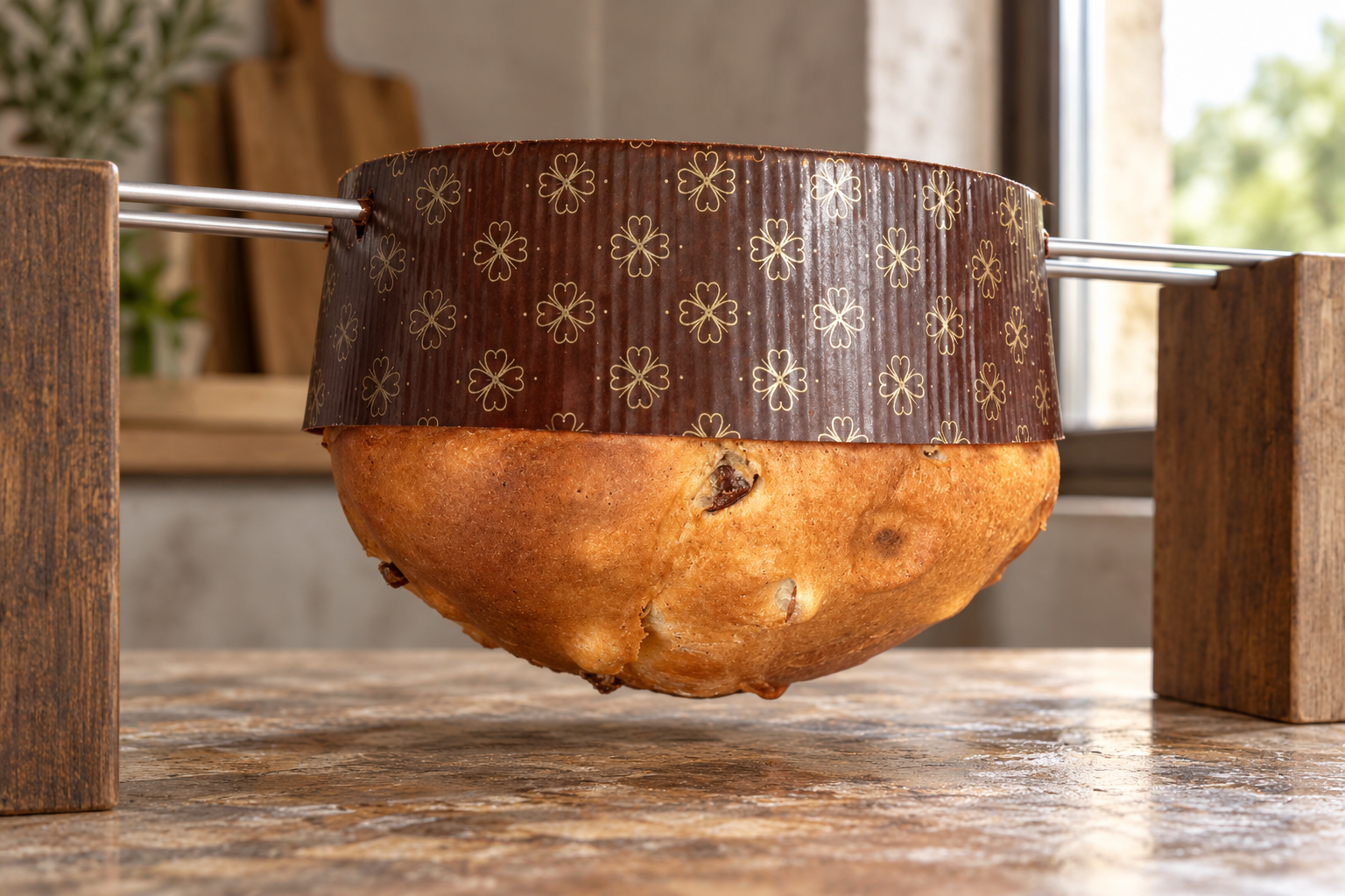 Un panettone basso che raffredda capovolto su due ferri fra sostegni.