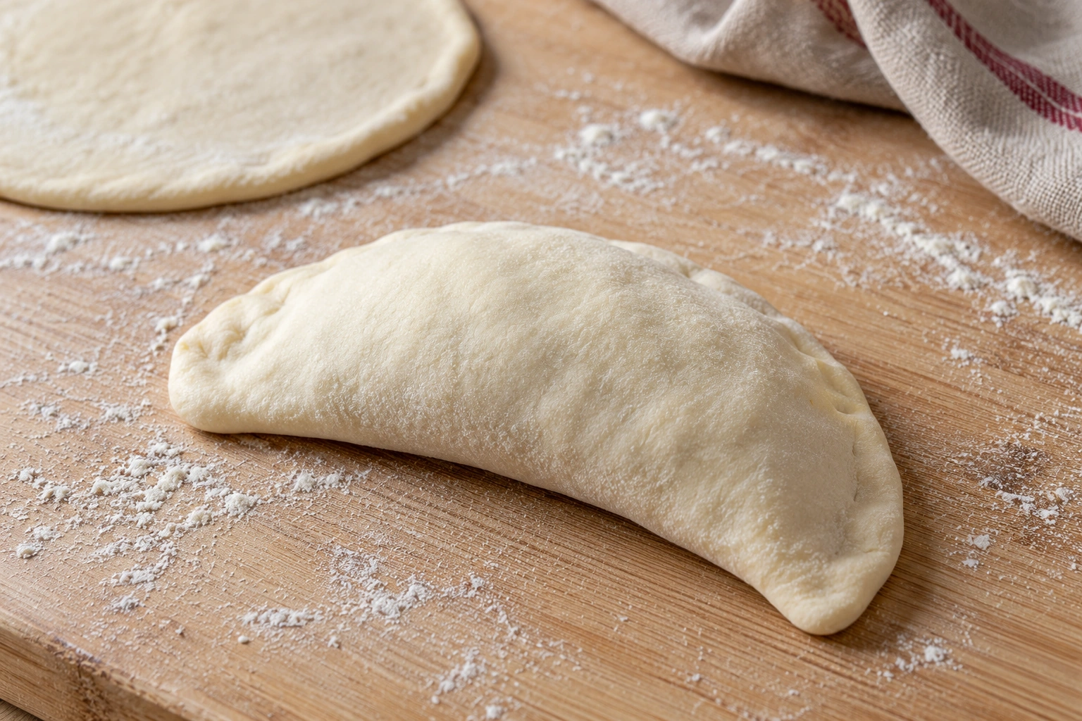 A raw half-moon panzerotto with a flat pressed seam on a lightly floured wooden board.