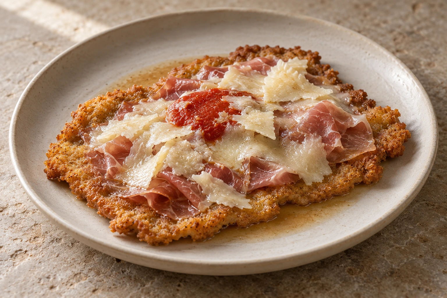 Golden breaded veal cutlet with prosciutto crudo, softened Parmigiano and a small spot of tomato.