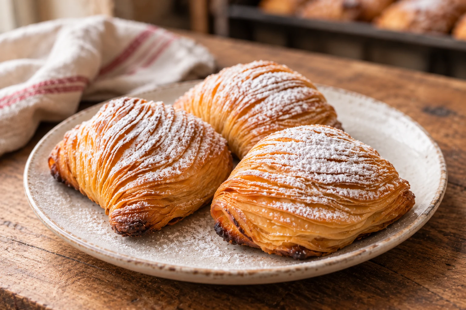 Sfogliatelle ricce with crisp golden pastry layers and powdered sugar