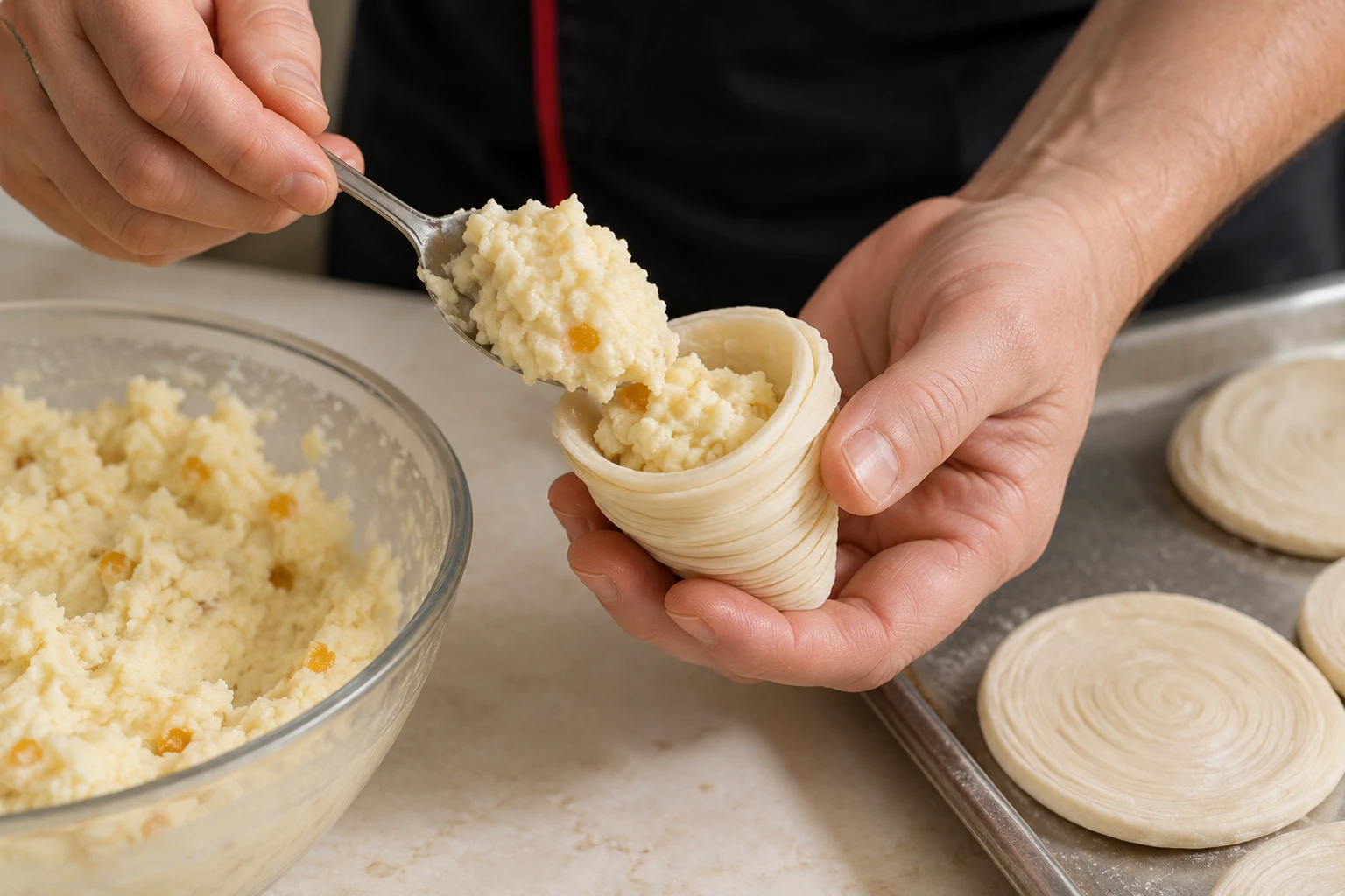 Spoon the thick semolina and ricotta filling into the opened laminated cone; keep the remaining spiral discs ready on the tray.