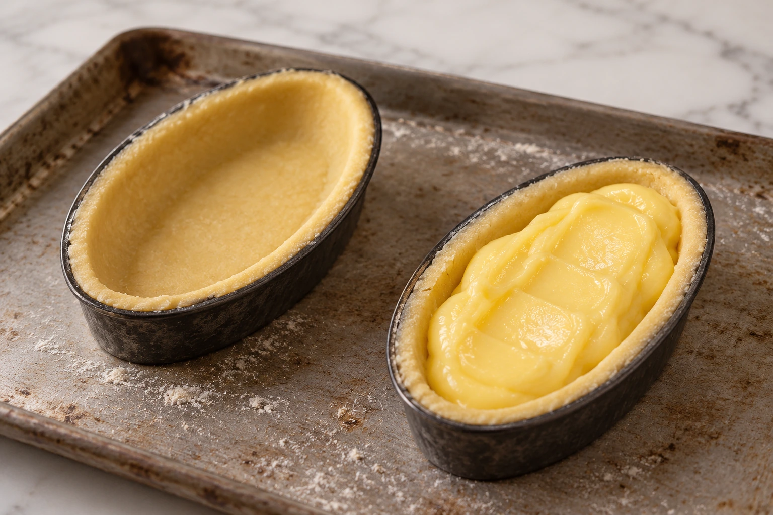 Oval molds lined with raw pastry, one filled with yellow custard.