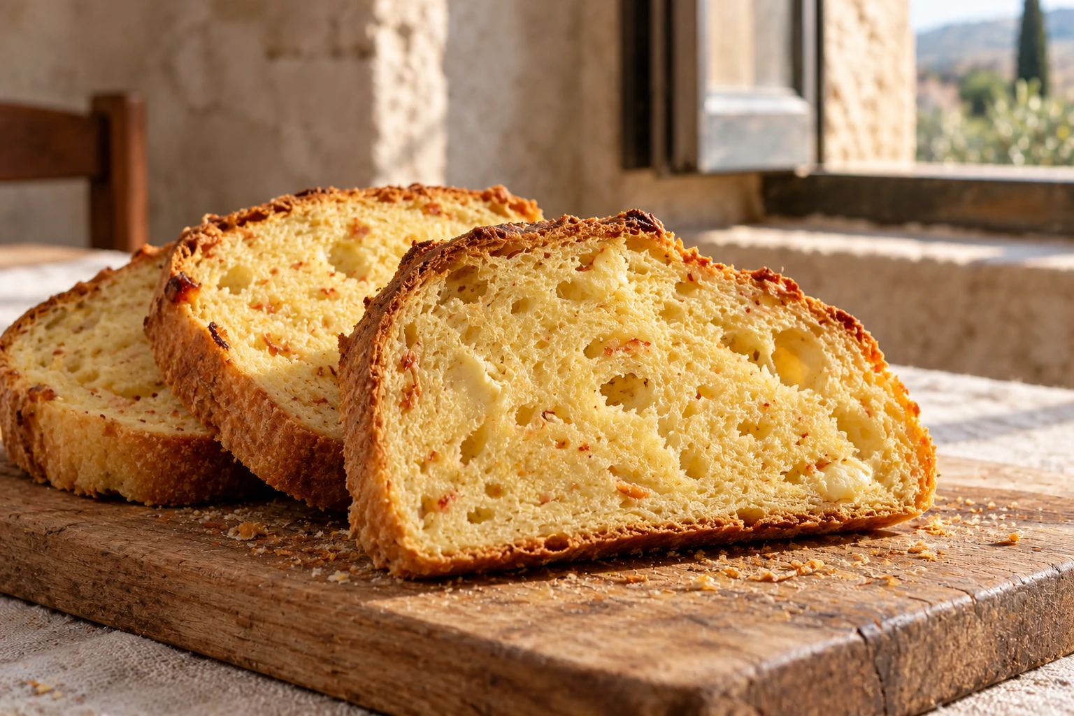 Slices of Umbrian Easter cheese bread with a golden crumb.