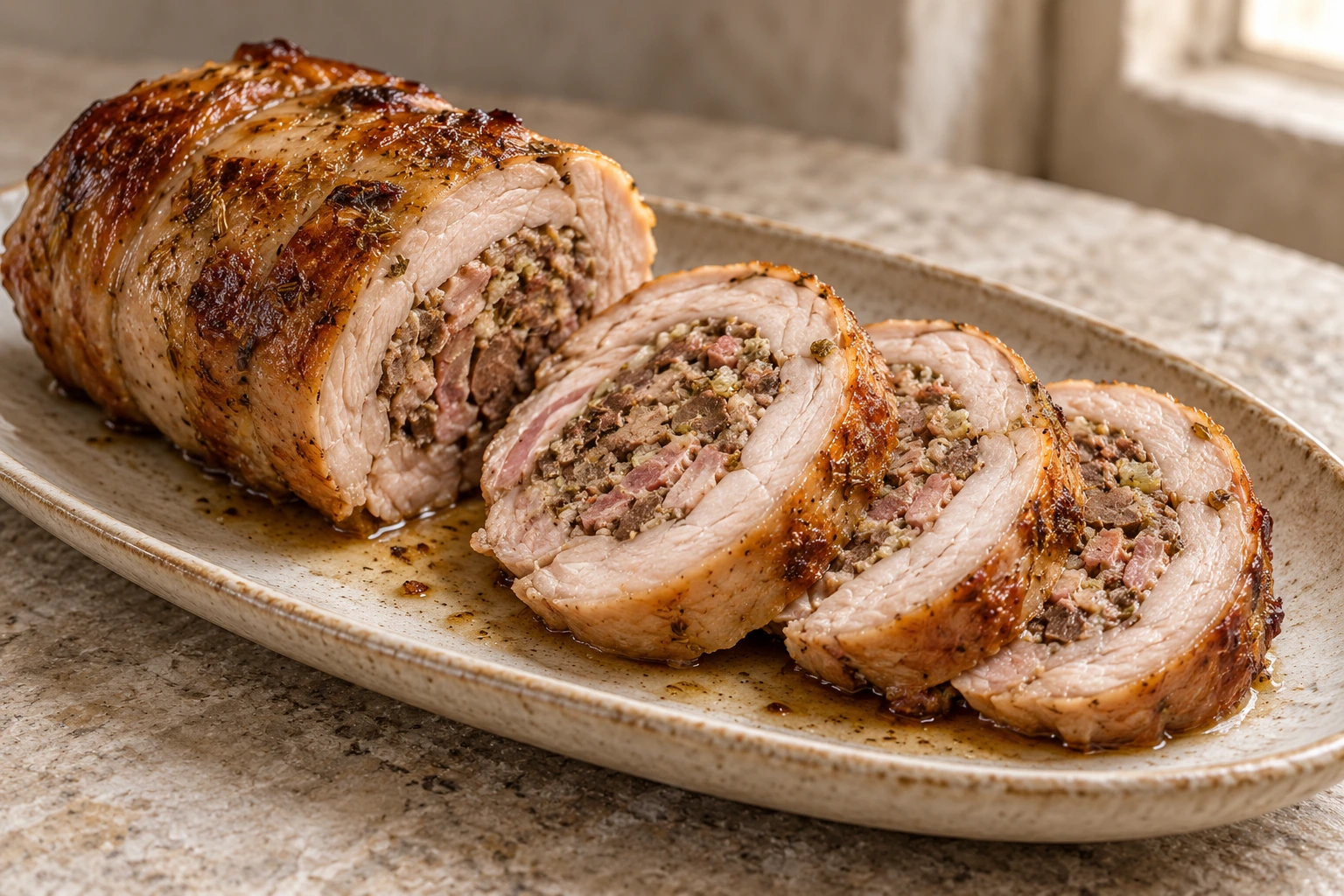 Sliced rabbit roll with ham, pancetta, liver and herb filling.