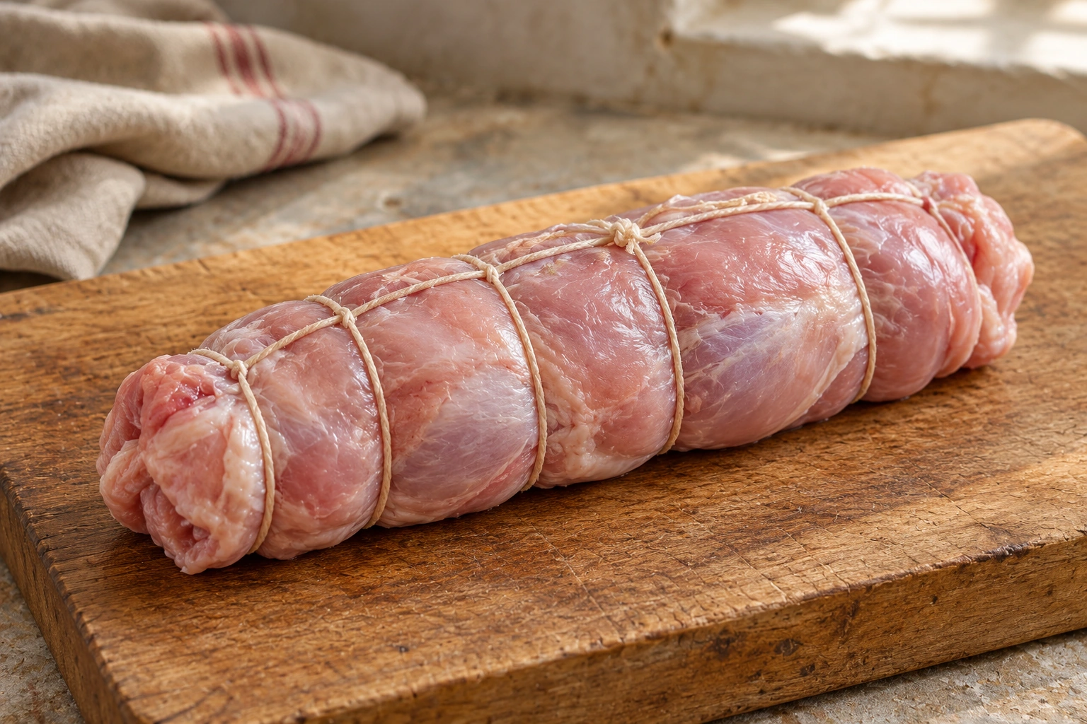 A raw boned rabbit roll secured with kitchen twine on a wooden board.