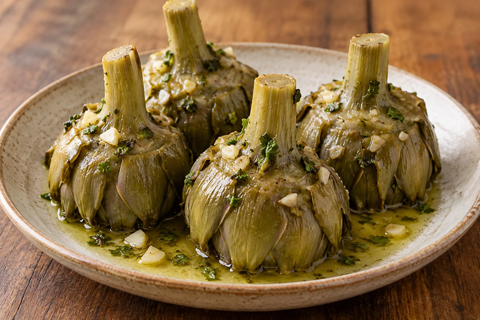 Whole Roman-style artichokes braised with garlic and mentuccia