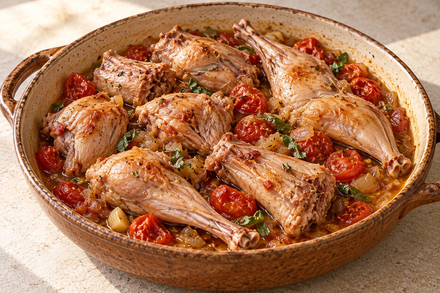 Rabbit pieces braised with cherry tomatoes and herbs in a shallow casserole.