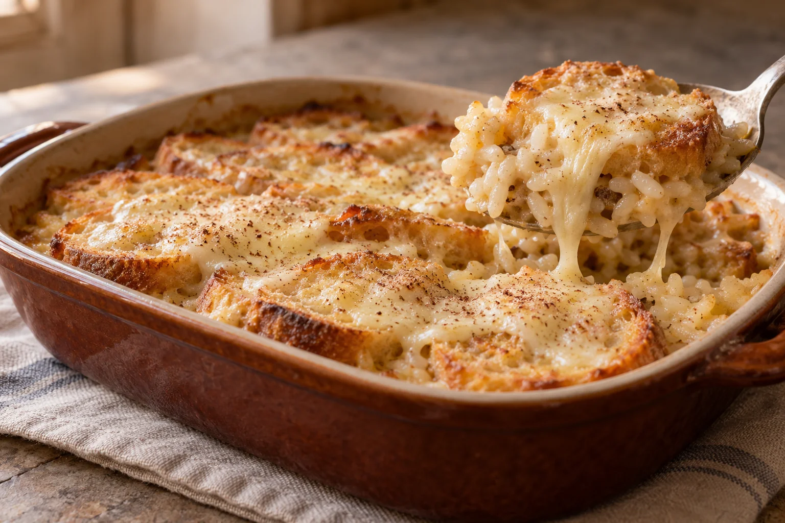 Seupetta di Cogne with rice, fried bread and melted Fontina.