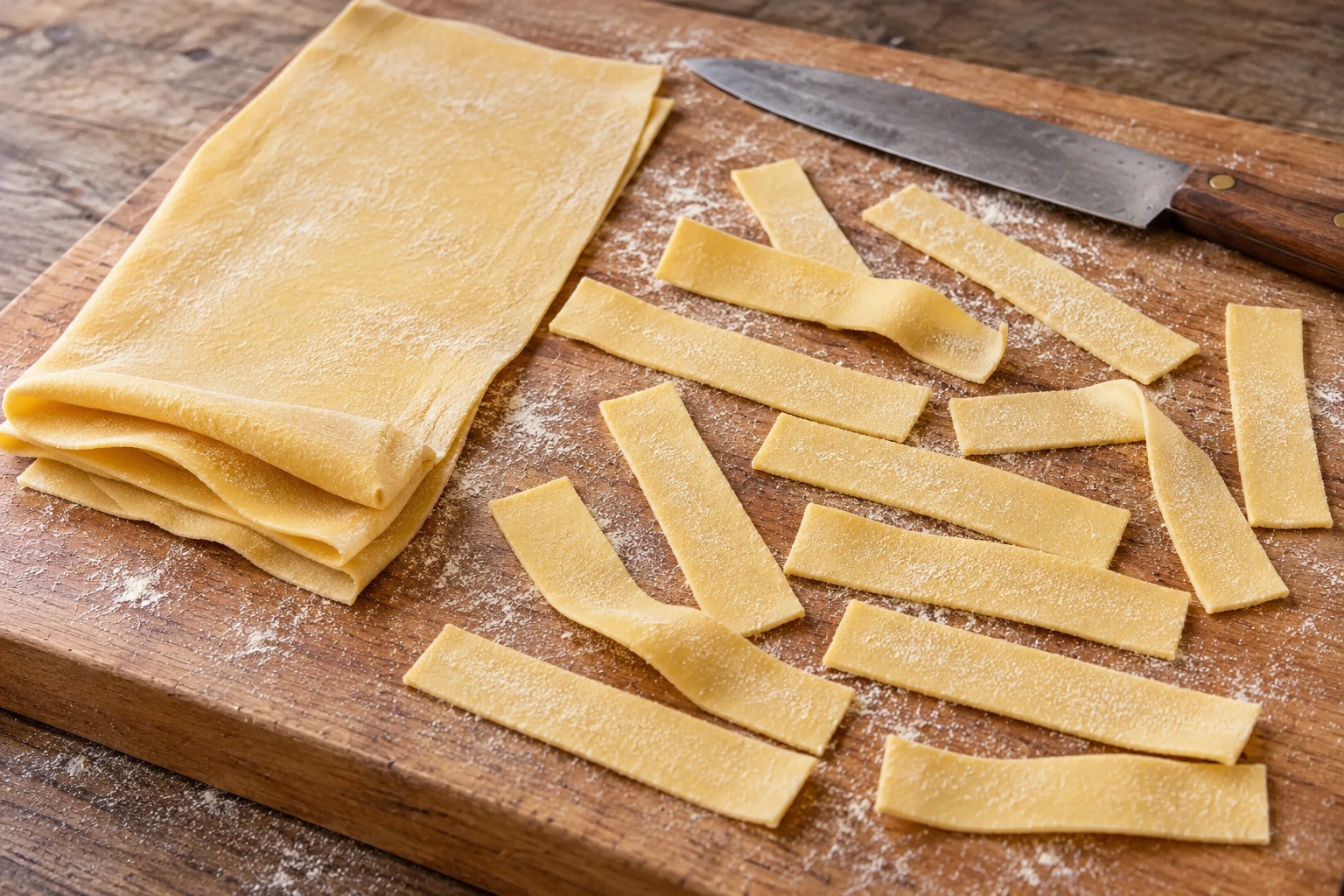 A thin yellow egg-dough sheet and short broad cut strips on a floured wooden board.