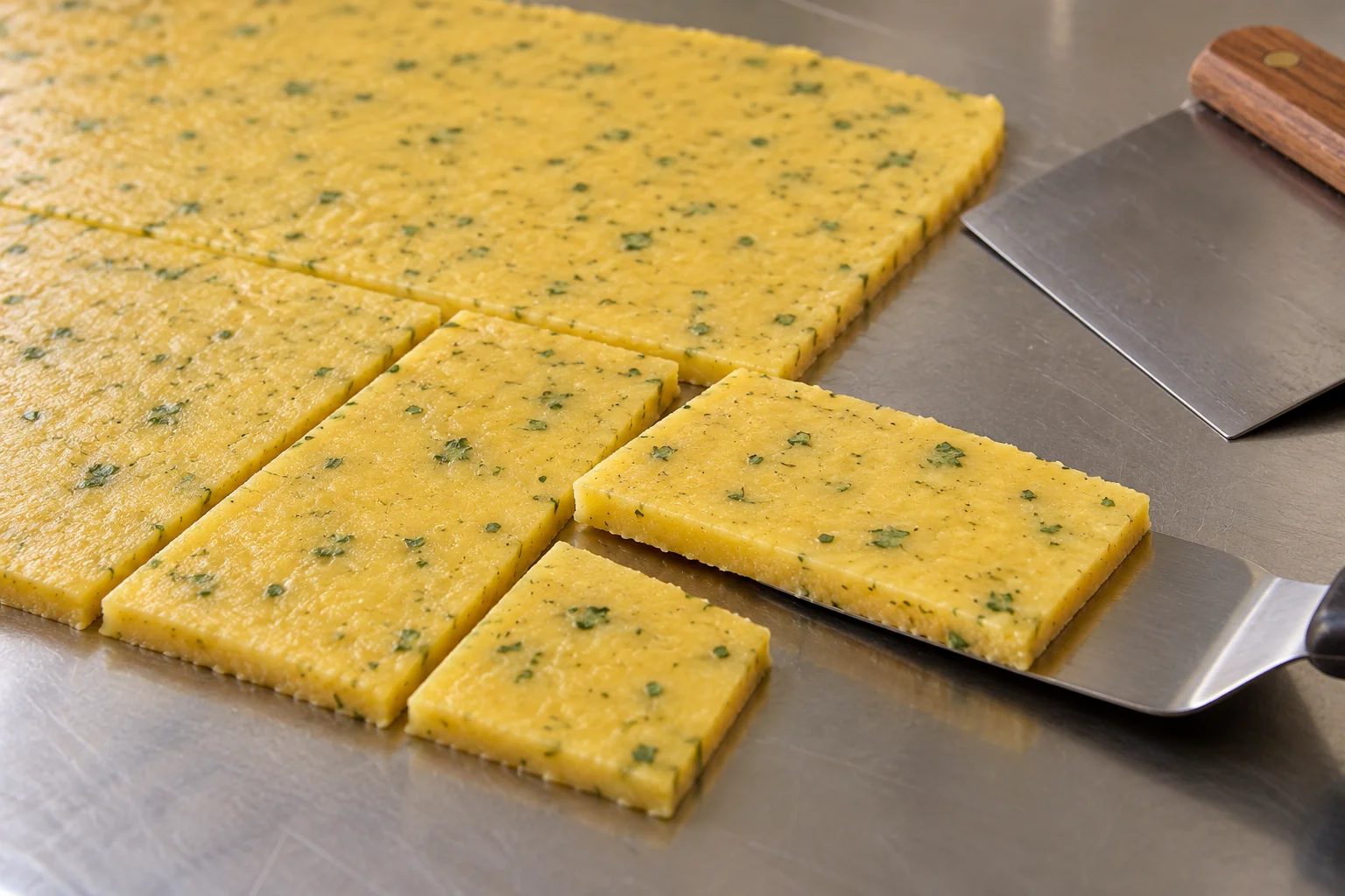 Thin cooked chickpea paste cut into rectangles before frying panelle