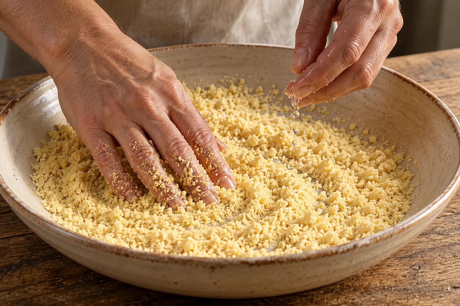 Hands sprinkling water and working semolina into loose grains in a shallow bowl.