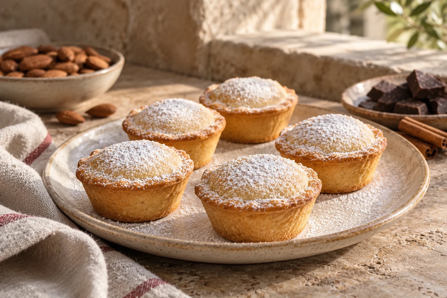 Closed golden bocconotti dusted with icing sugar.