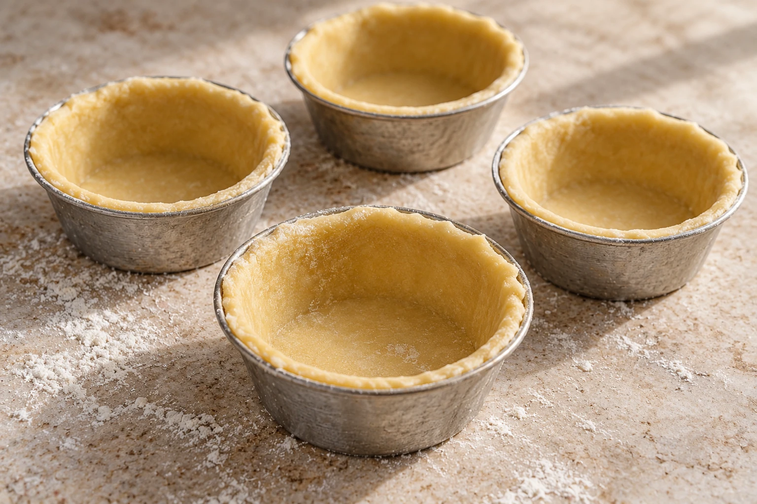 Small tapered metal molds lined with thin pale pastry, still empty.