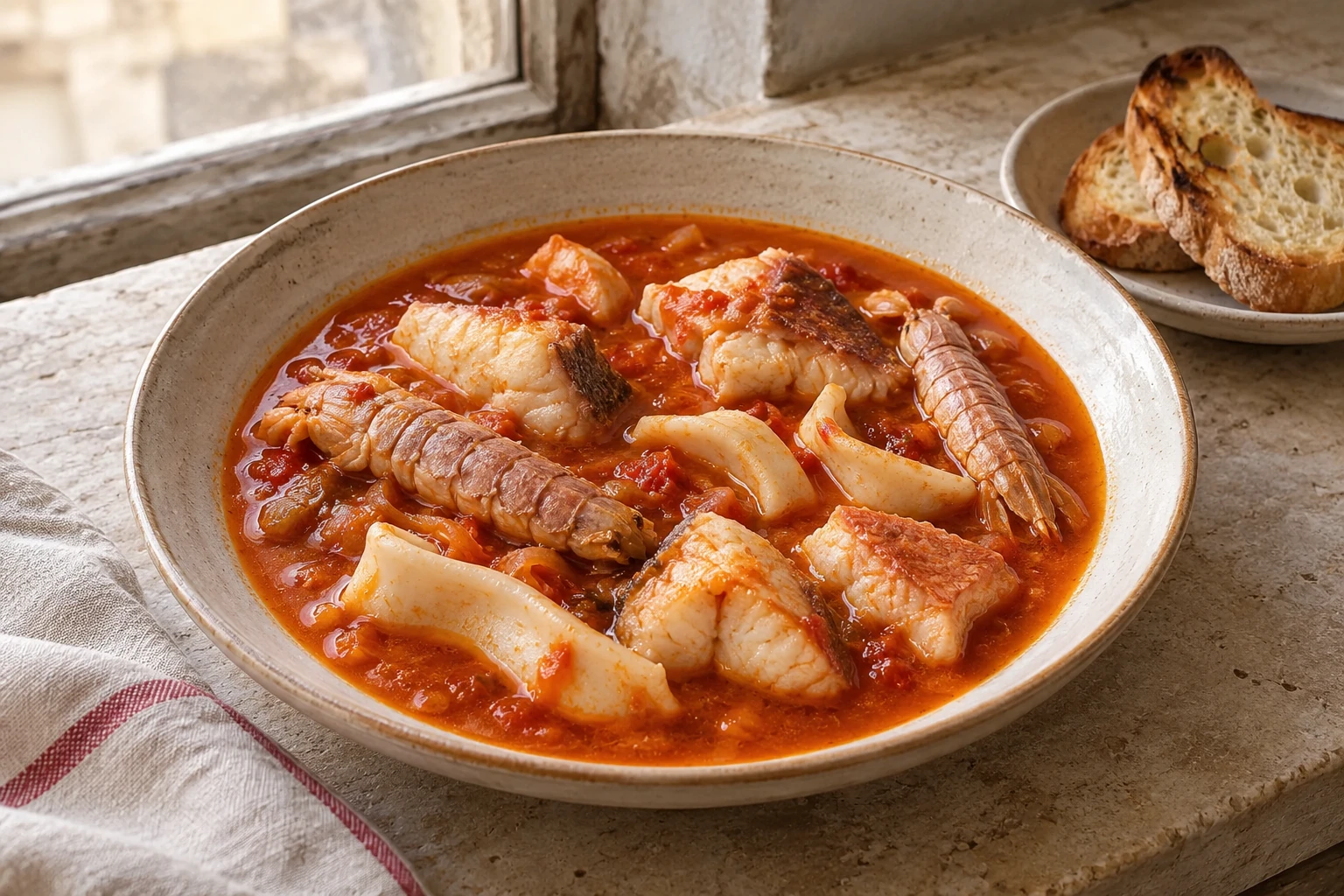 Fish, cuttlefish and mantis shrimp in tomato brodetto with toasted bread.