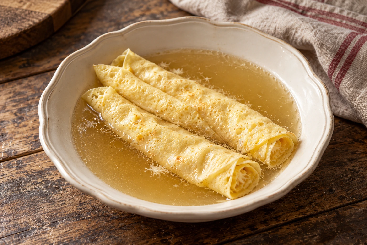 Two thin cheese-filled egg crepes in clear broth.