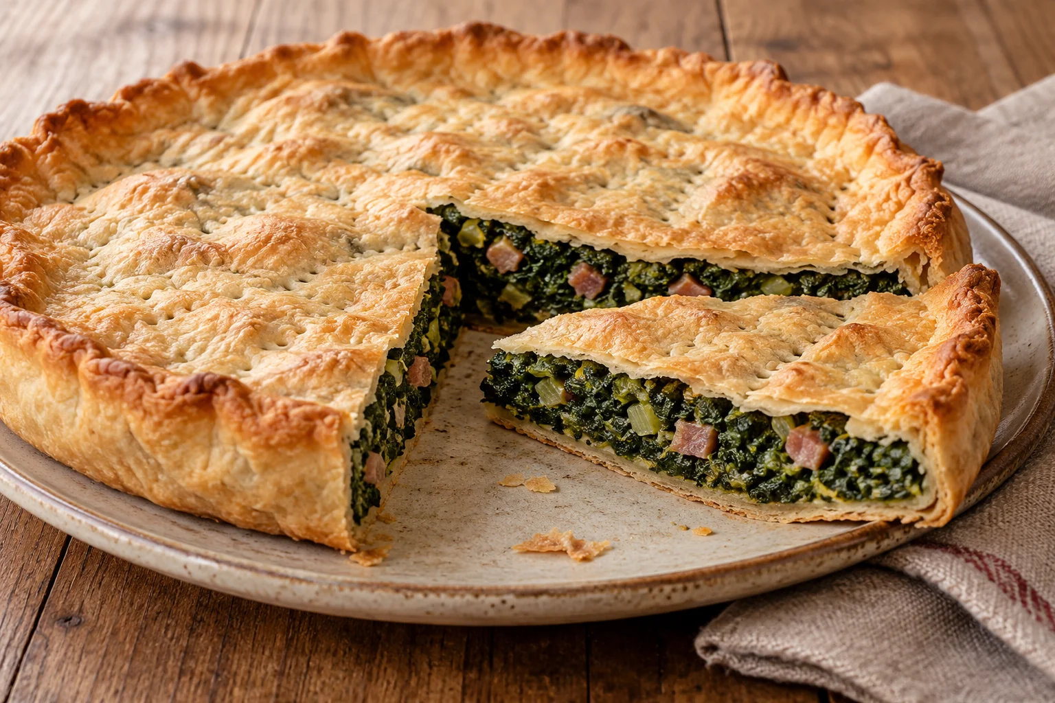 Erbazzone reggiano with spinach filling between thin golden pastry sheets