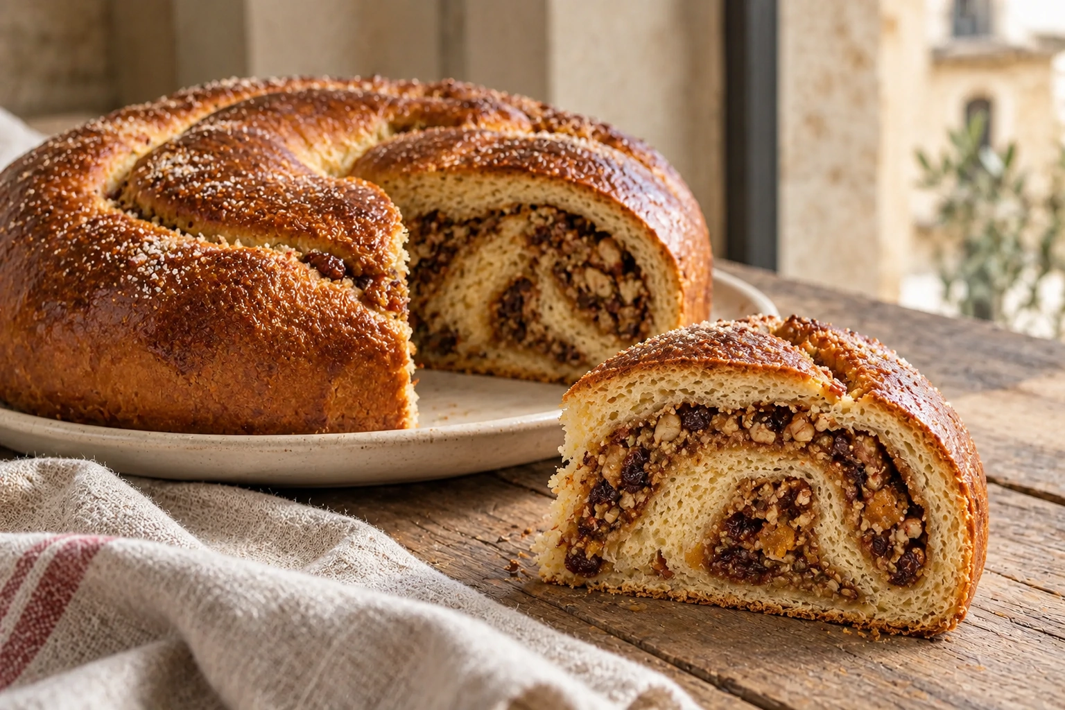 A coiled gubana and a cut wedge showing layers of yeast dough, nuts and raisins.